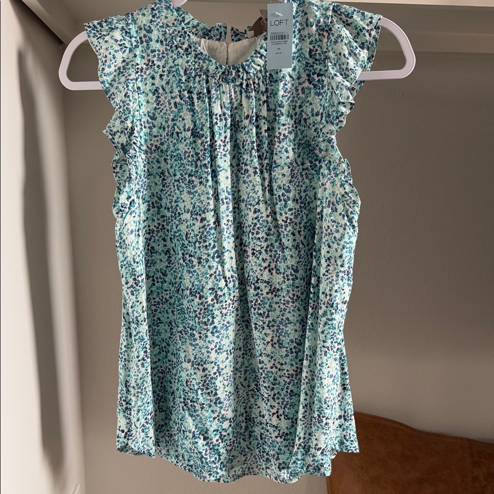 LOFT Women's Teal and White Floral Blouse